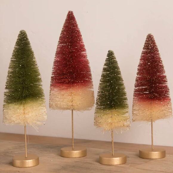 Bethany Lowe Traditional Bottle Brush Trees with Gold Glitter Set of 4 Christmas